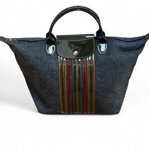 LONGCHAMP Le Pliage Large Felt Tote Olive Patent Leather Trim Multicolor